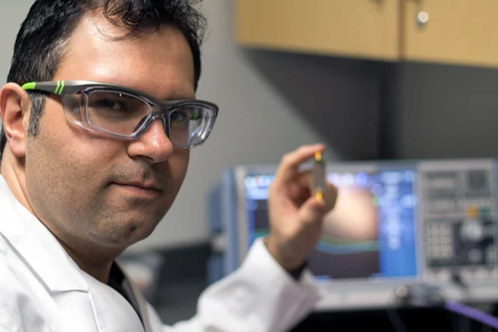 Asst. Prof. Mohammad Zarifi with the business end of the biosensor