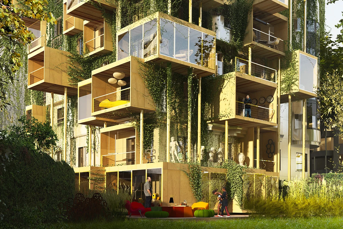 Plug-in City 75 will upgrade an aging Paris apartment building by attaching wooden cubes to the facade
