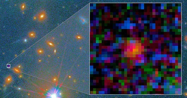 MACS0647-JD is a candidate for the most distant galaxy in the Universe – it can only be seen here due to the influence of a gravitational lens formed by an intervening galaxy cluster