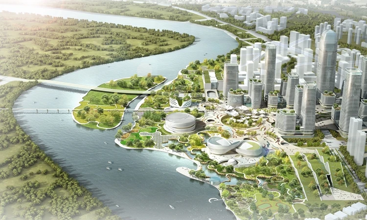 Binhai Eco City mimics an outstretched hand, mixing green and functional areas