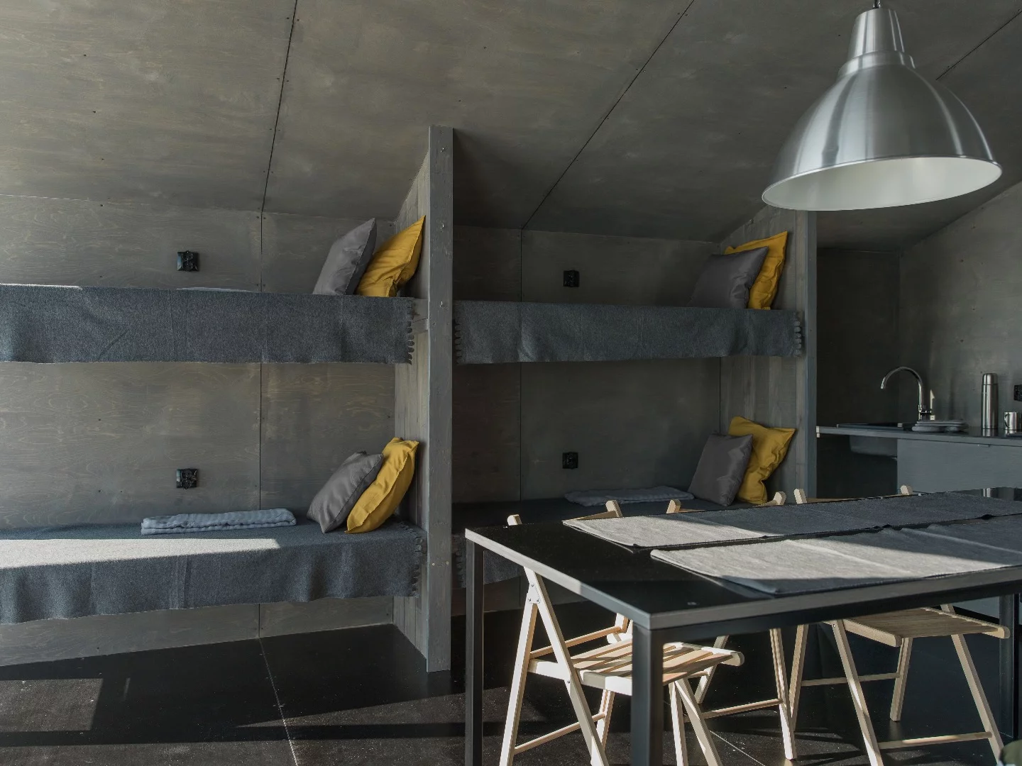 The cabin sleeps up to eight people at a time