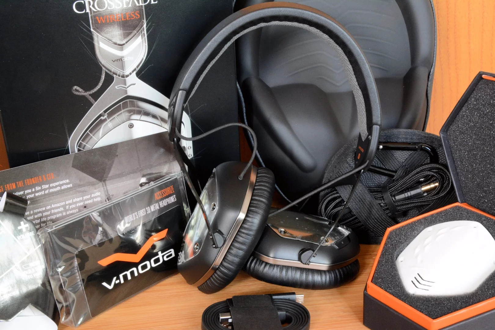 The Crossfade Wireless headphones come with a hard shell case, a SpeakEasy audio cable, a flat-wired USB charging cable and a spare set of shields