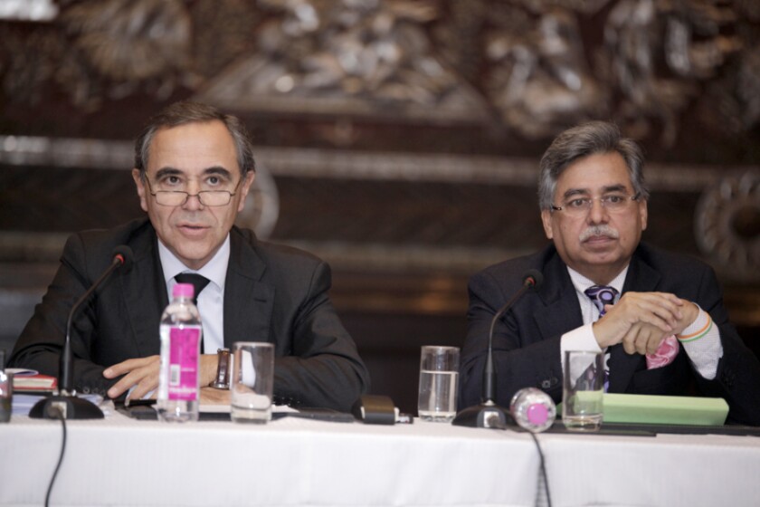 Magneti Marelli CEO Eugenio Razelli and Hero MotoCorp CEO & MD Pawan Munjal at the announcement of the joint venture