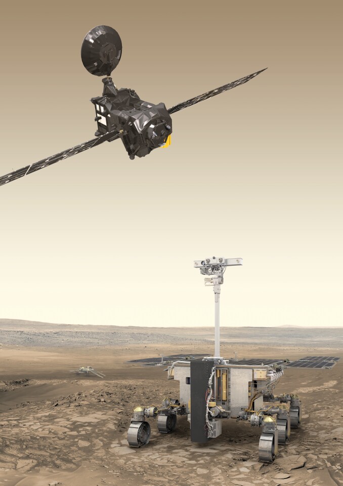 Artist’s impression of the ExoMars 2020 rover (foreground), surface science platform (background) and the Trace Gas Orbiter (top)