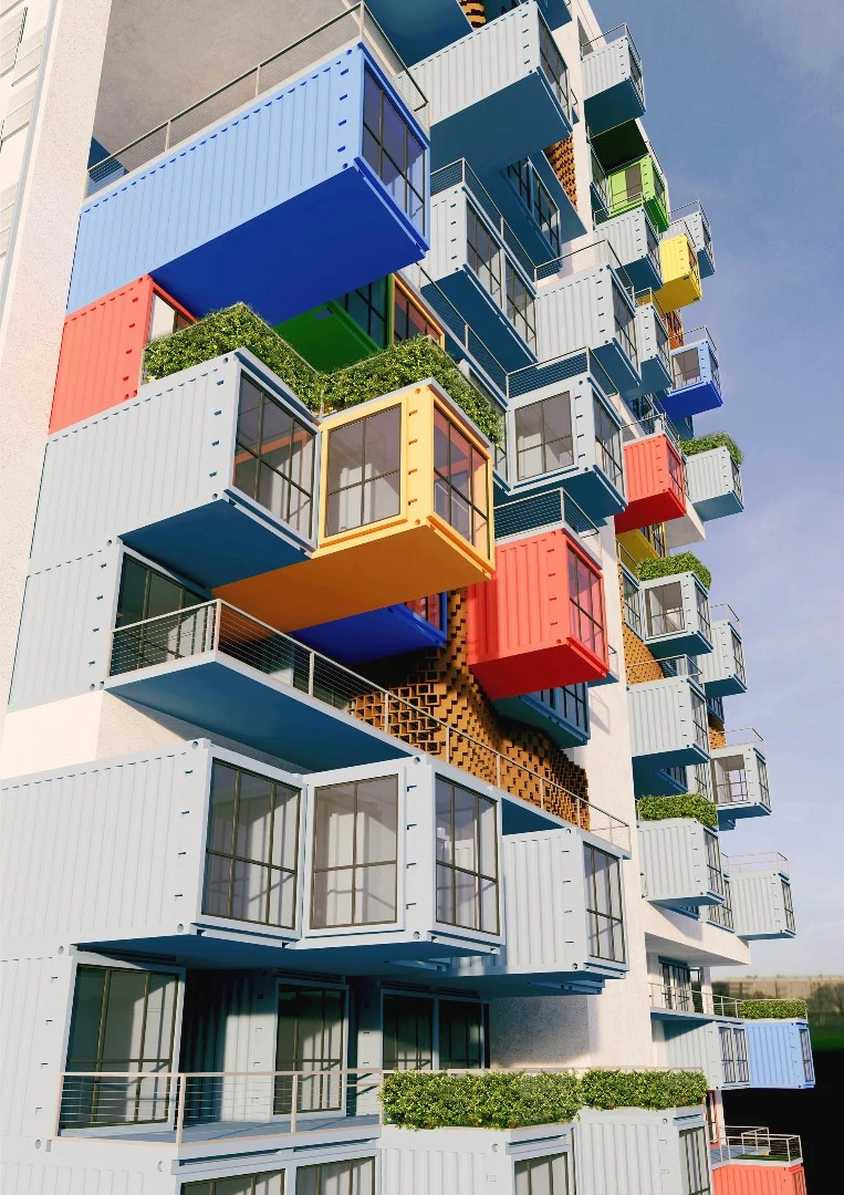The shipping containers would be supported by a steel girder framework at a frequency of every eight stories