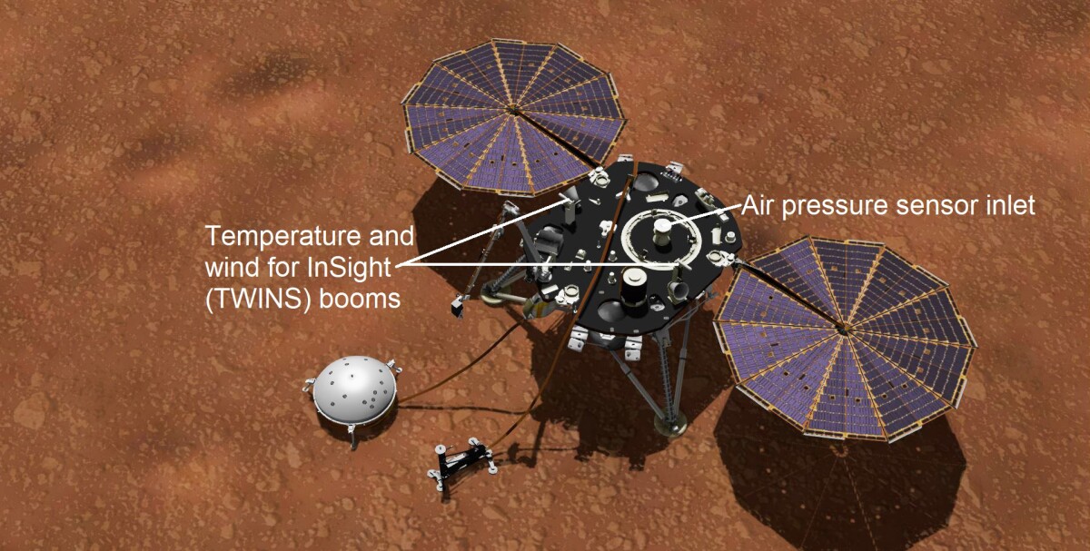Artist's concept shows NASA's InSight lander with its instruments deployed on the Martian surface