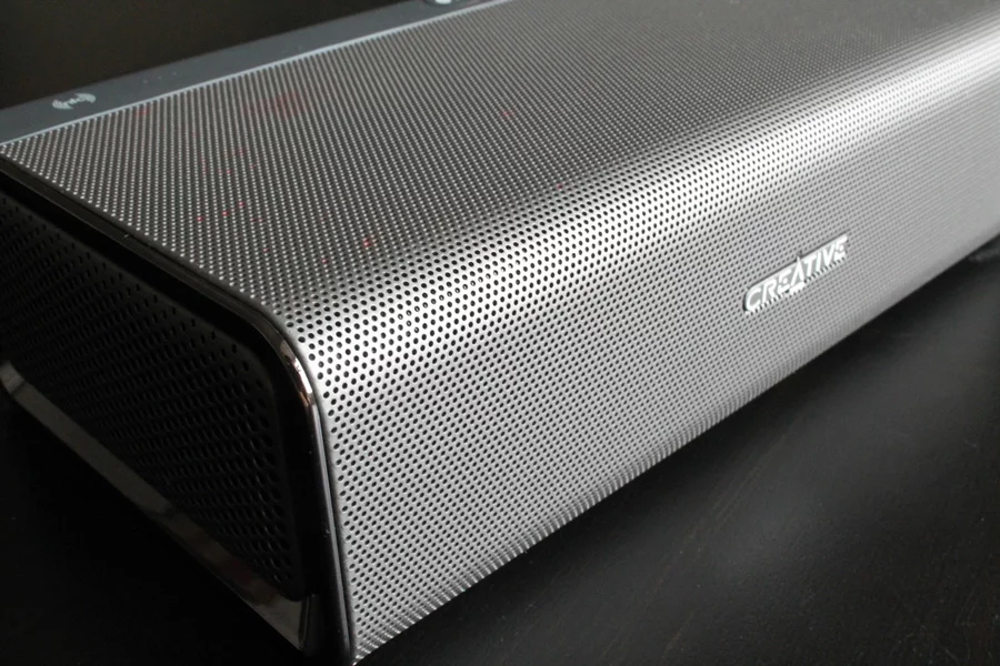 The Sound Blaster Roar has a curved, perforated metal case