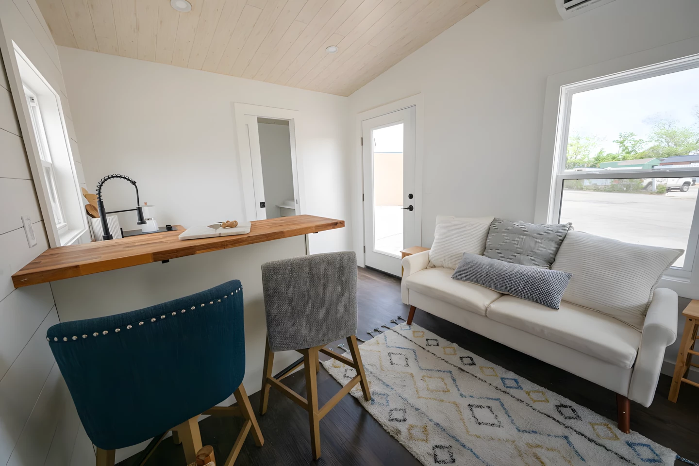 The Cortado's kitchen is small and simple but includes a breakfast bar for two