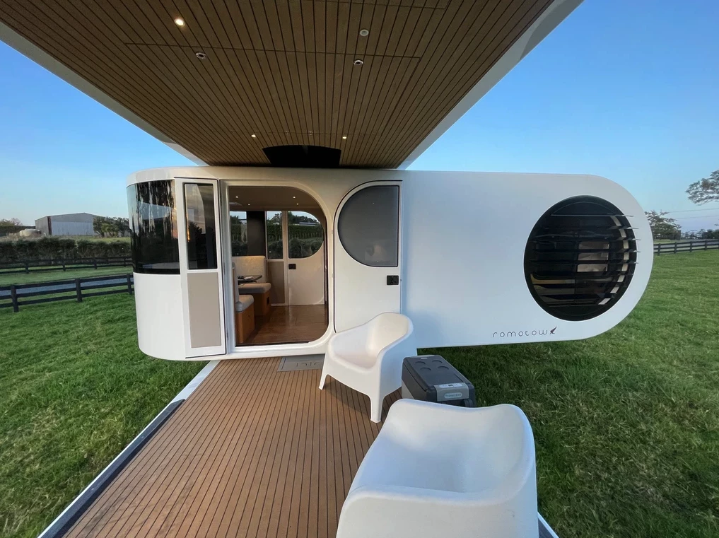 The separate rotating cabin and deck design sets the Romotow apart from other caravans