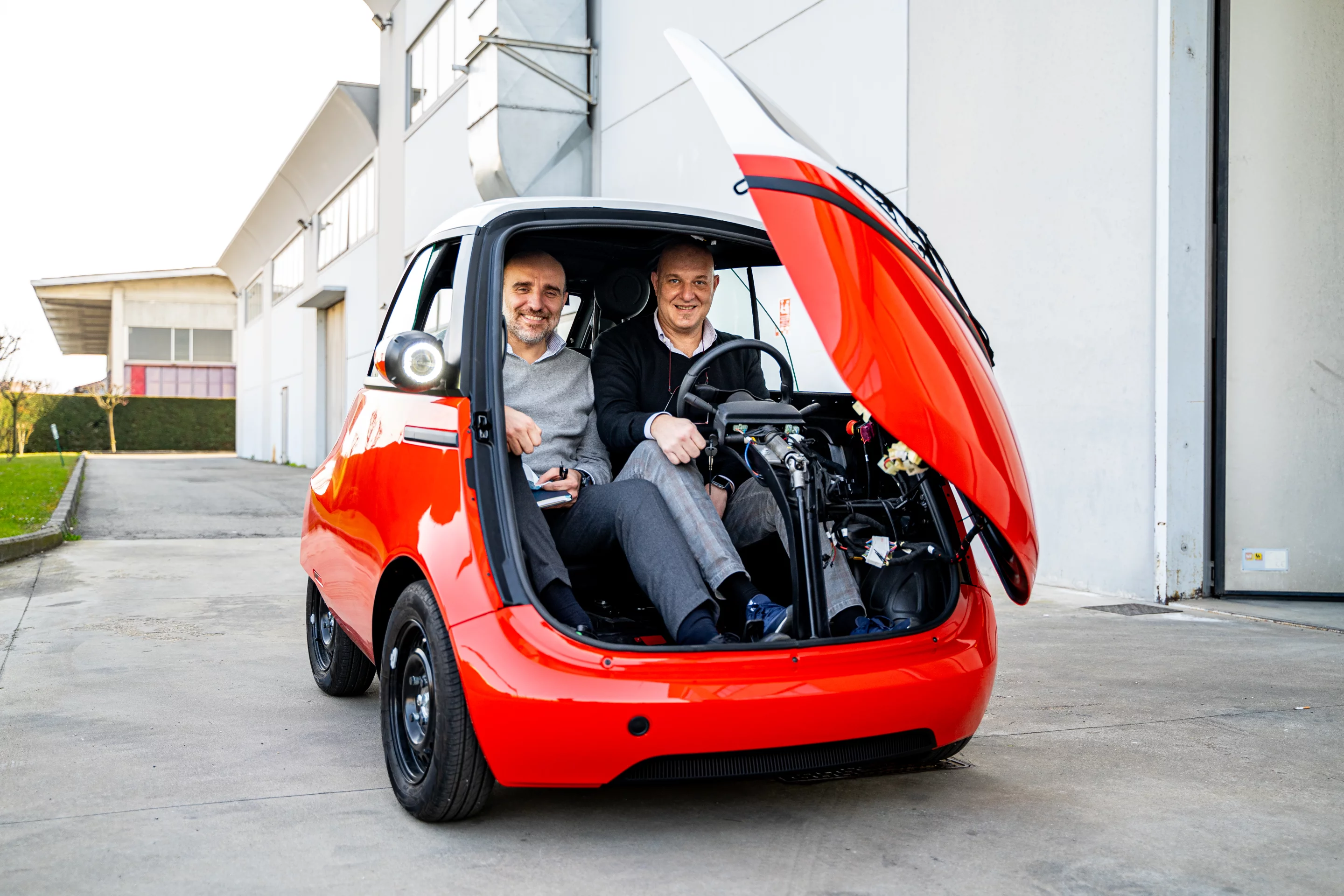 The Microlino 2.0 electric bubble car (prototype shown) can seat two, and has 230 liters of trunk space available too