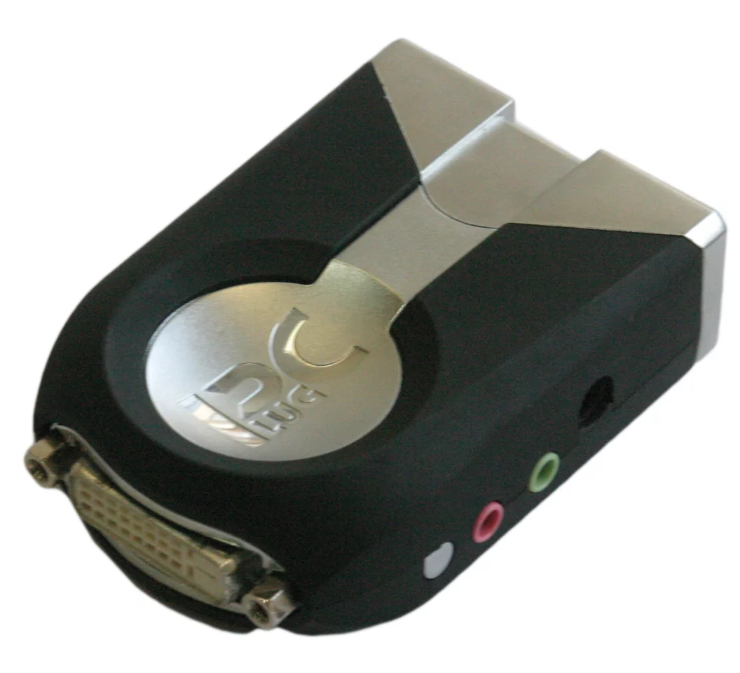 The palm-sized Plug PC has DVI-D video, audio in/out jacks, four USB ports and and Ethernet port