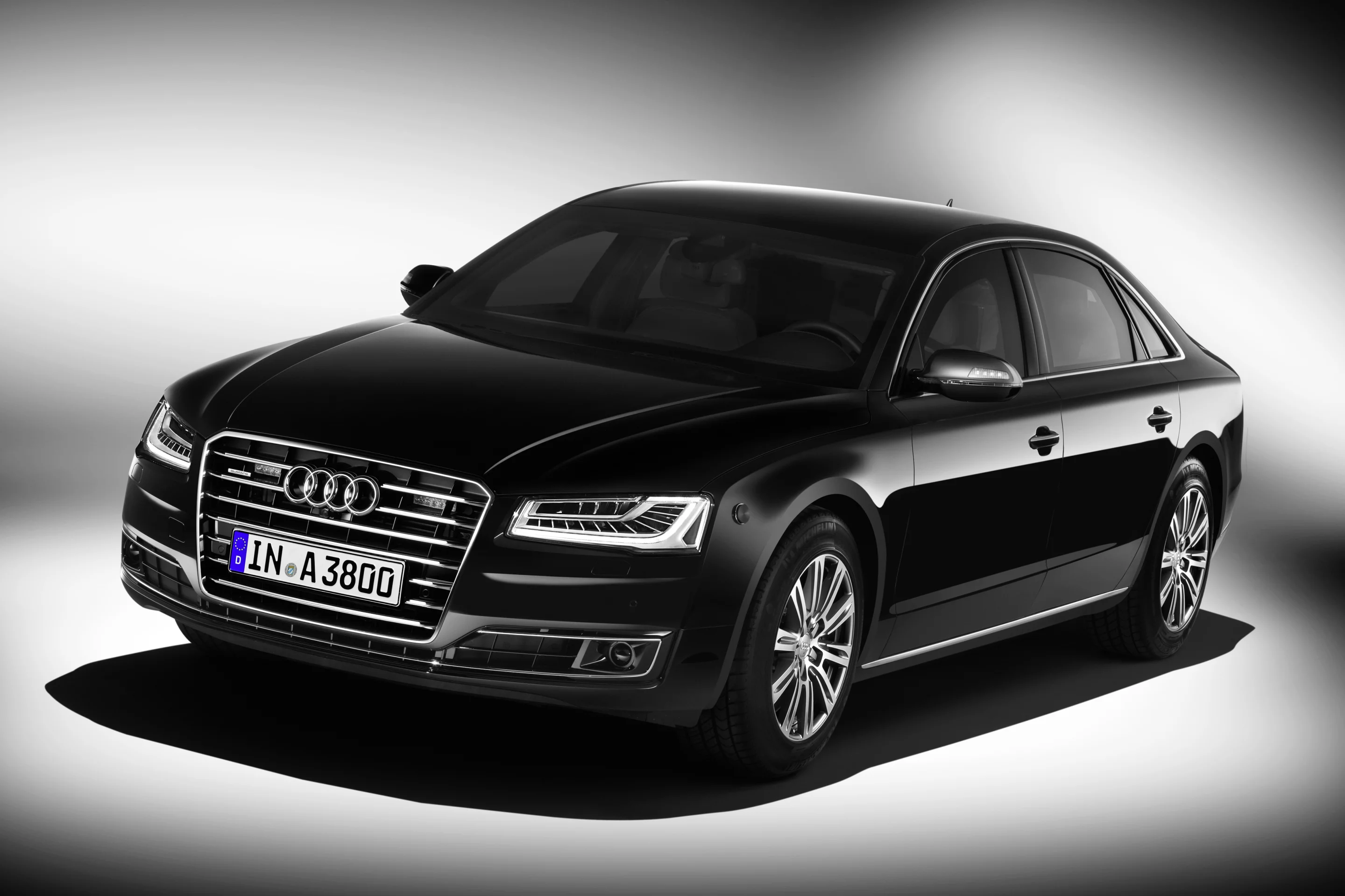 Audi's A8 L Security, with AWD, is offered with a choice of a twin-turbocharged 4.0 liter V8 delivering 435 hp, or a 500 hp W12