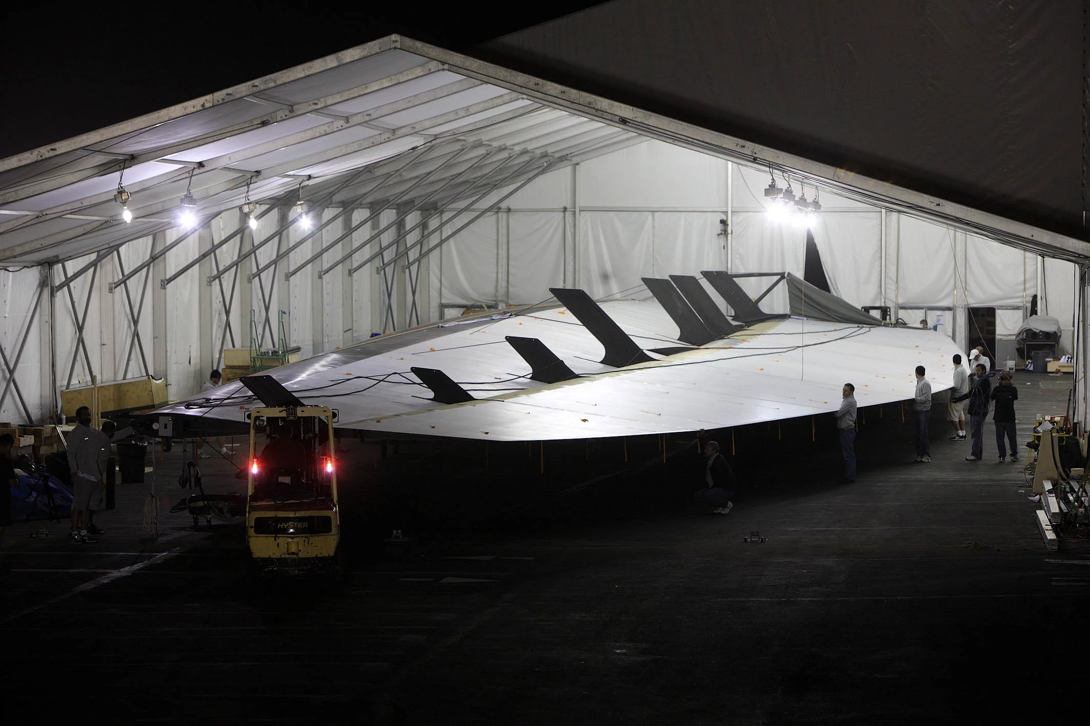 The BOR 90's gigantic wing sail in storage.