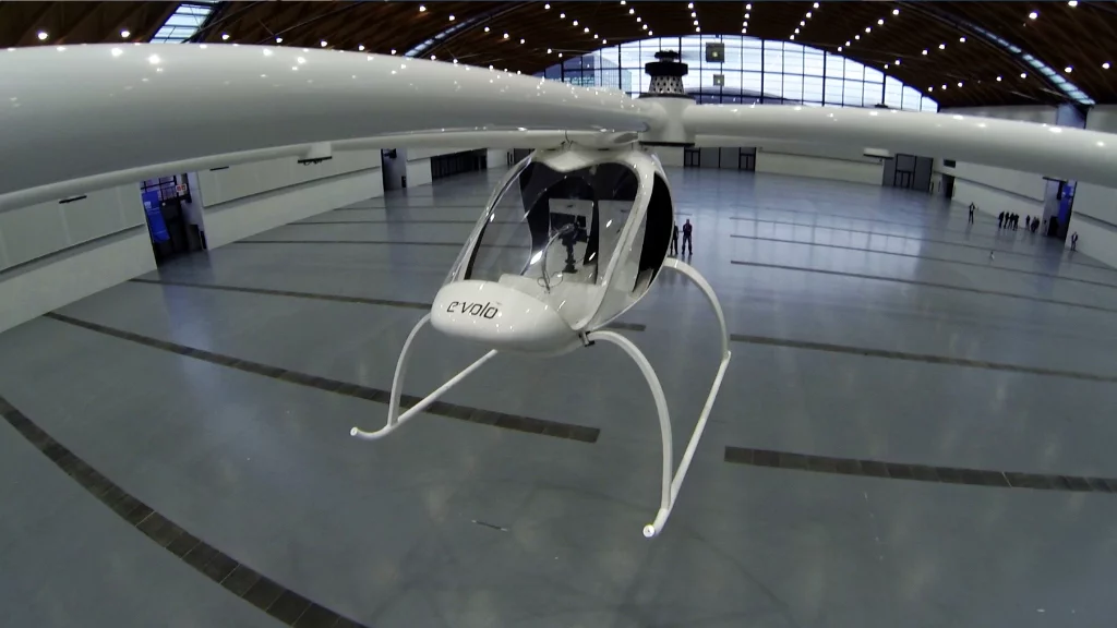 The Volocopter during its maiden flight in the dm-arena in Germany