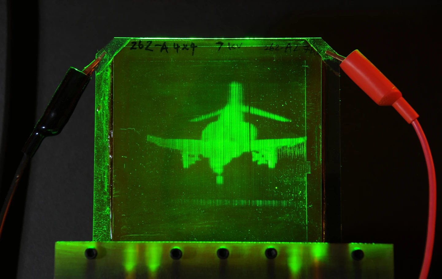 A refreshable, holographic image of an F-4 Phantom jet, created using the new system (Photo: University of Arizona)