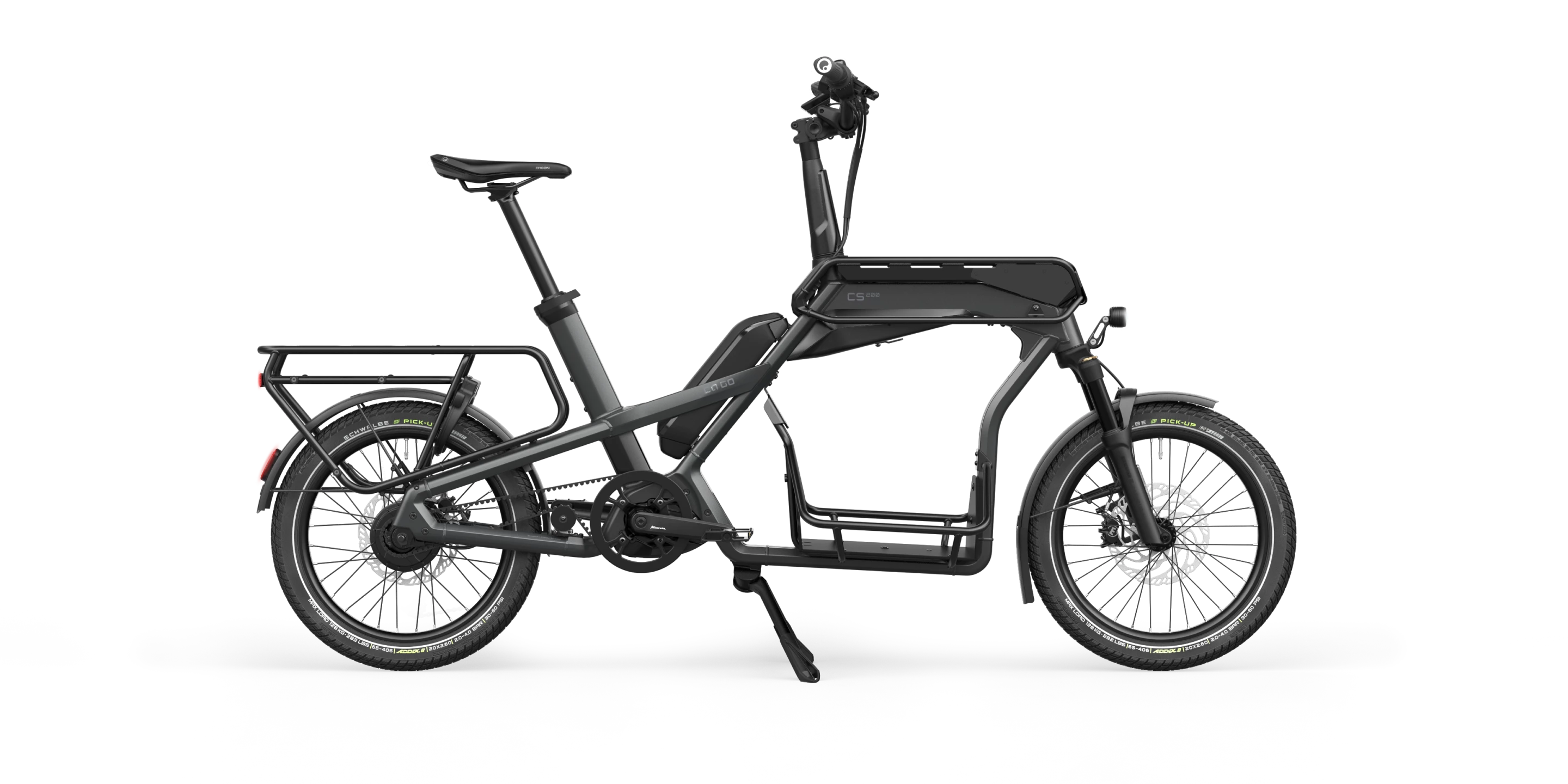 The rear rack is rated to carry 27 kg, the center rack can hold 30 kg and a further 18 kg of cargo can be strapped to the front