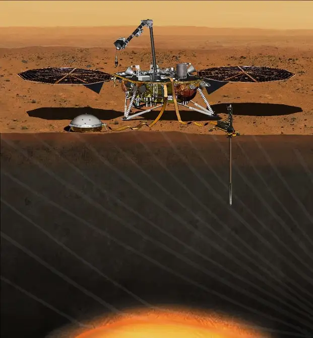 Artist's concept of the Mars Insight lander at work on the Red Planet