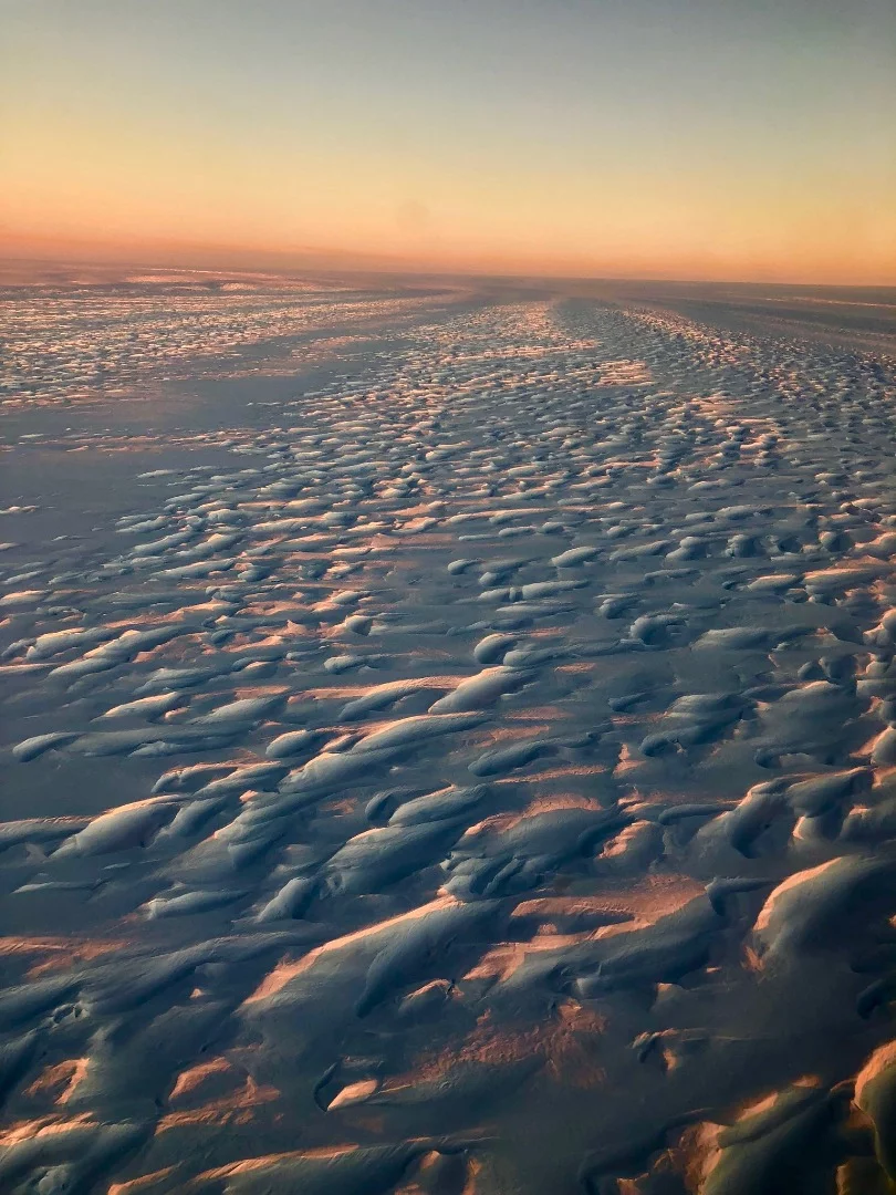 A crevasse field at sunset on the Stancomb-Wills Glacier, East Antarctica