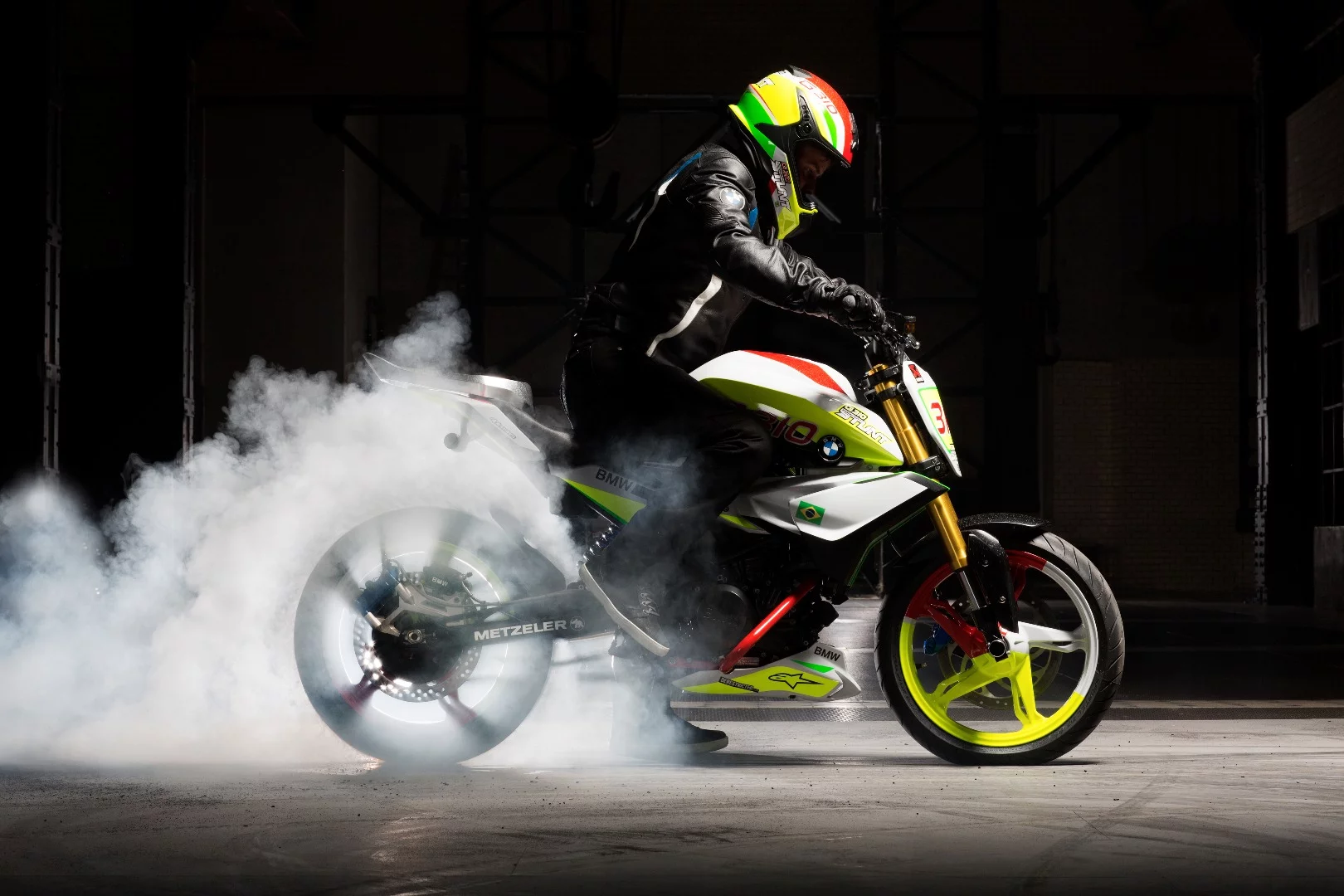 Christian Pfeiffer rides the BMW Concept Stunt G 310: burnout