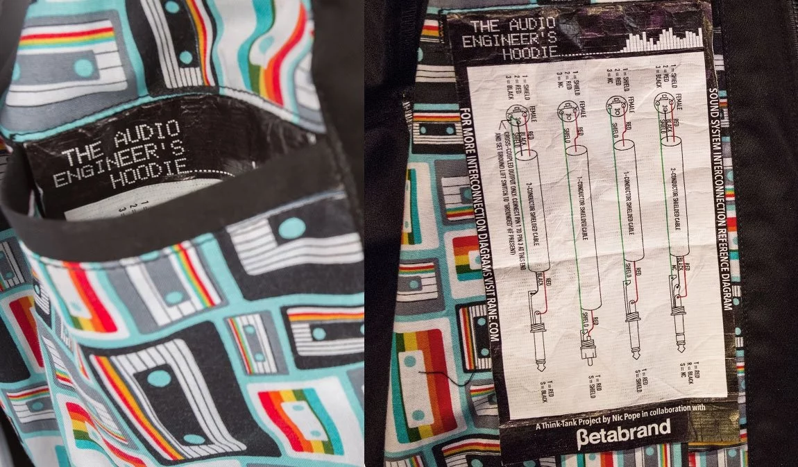 The interior of Audio Engineer's Hoodie features a cassette design and a wiring diagram
