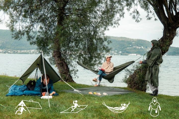 The Nomad Cape serves as a wind/rain shelter, hammock, ground sheet and rain poncho