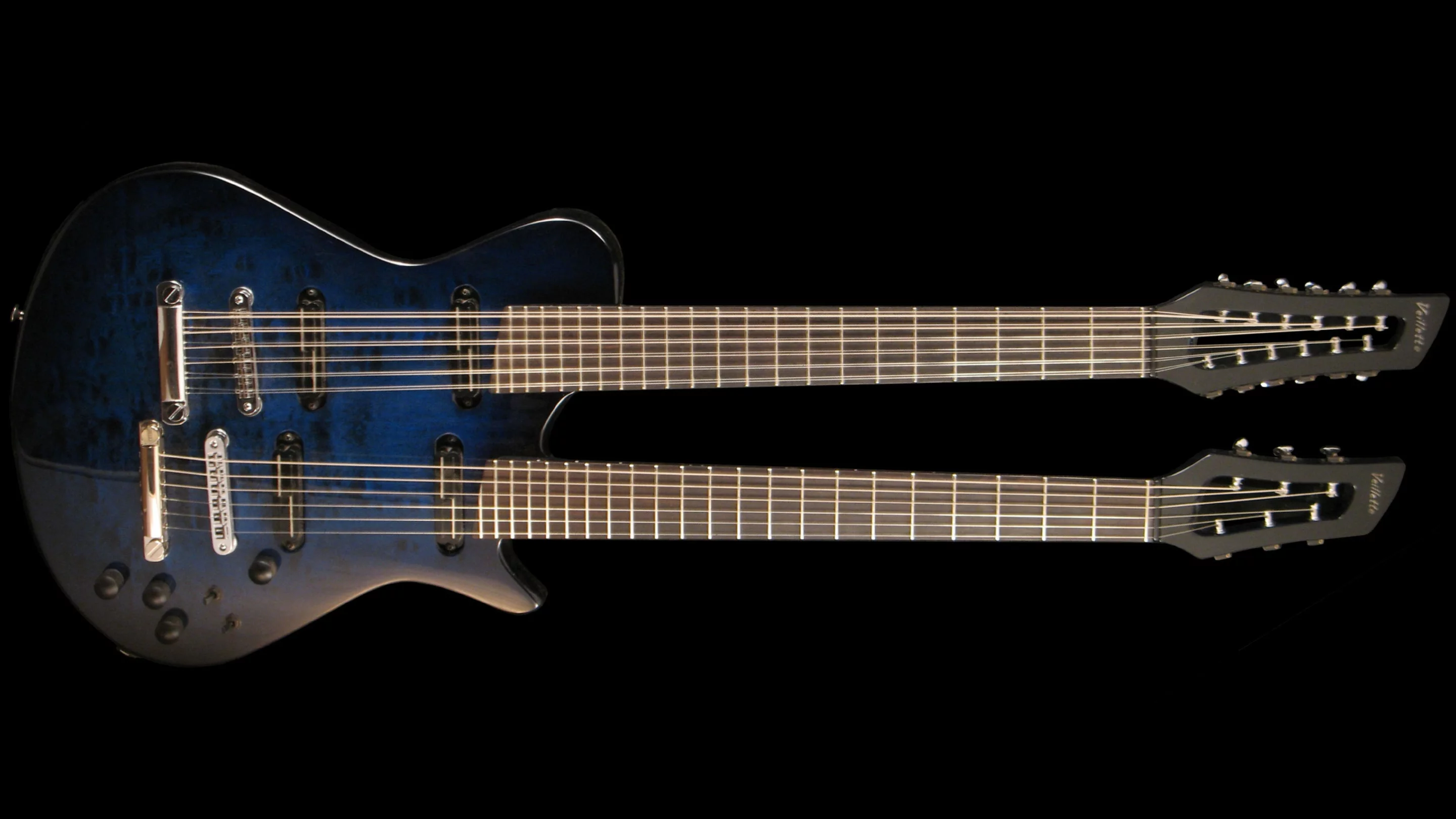 The Doubleneck guitar from Veillette Guitars benefits from unique new neck geometry which allows the twin necks to be positioned closer to each other, and is said to weigh in lighter than some single neck models
