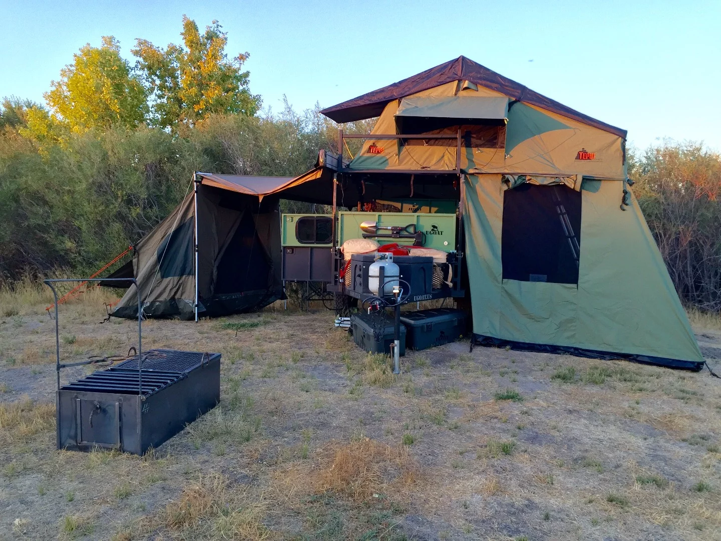 Fully outfitted UGOAT Scout with awning, tent annex and two-level configuration