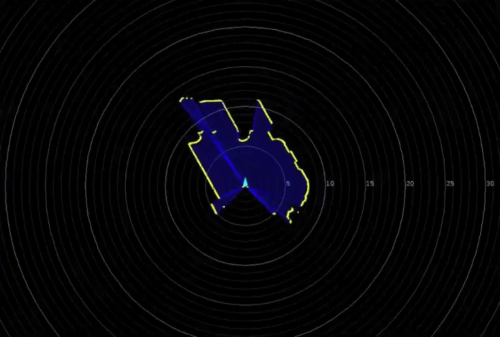 A readout from the UAV's laser-range scanner. Blue areas are free space, yellow edges denote obstacles
