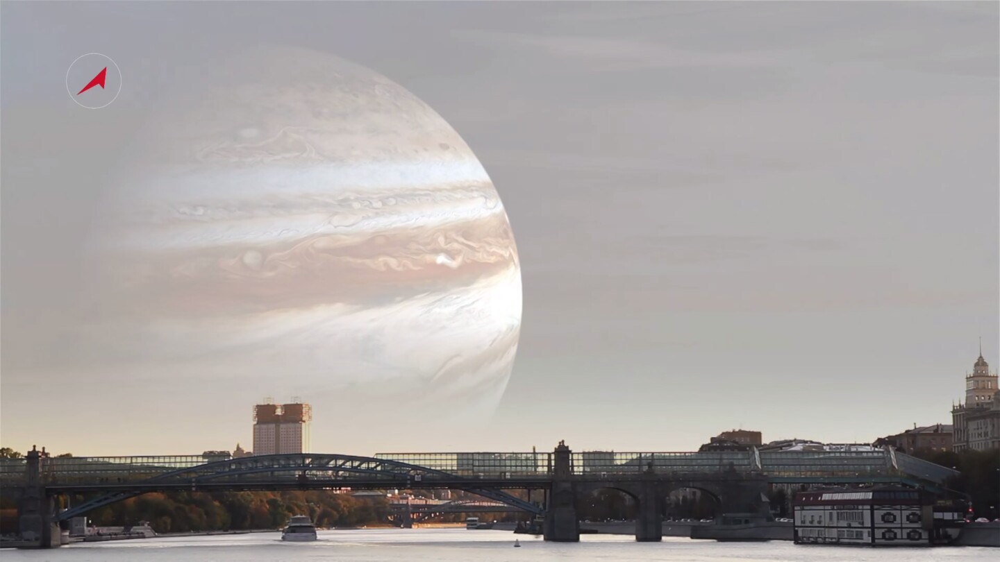 Roscosmos image showing the gas giant Jupiter in place of the Moon (Image: TV Roskosmos)