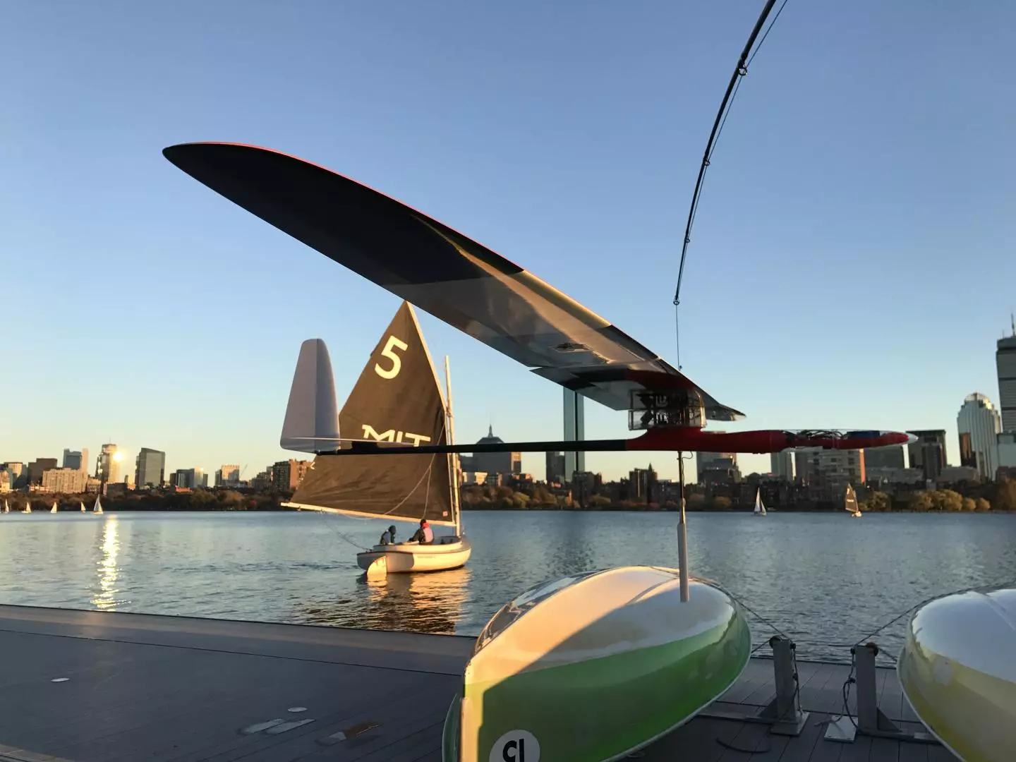 The Albatross glider, designed by MIT engineers, on the Charles River in Boston