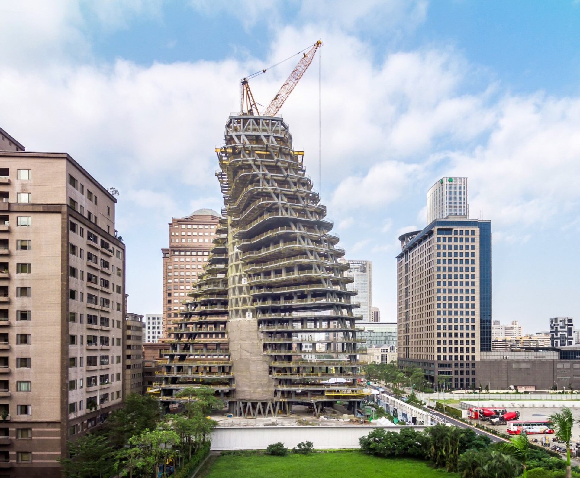 Vincent Callebaut's twisting tree-covered tower takes shape in Taipei