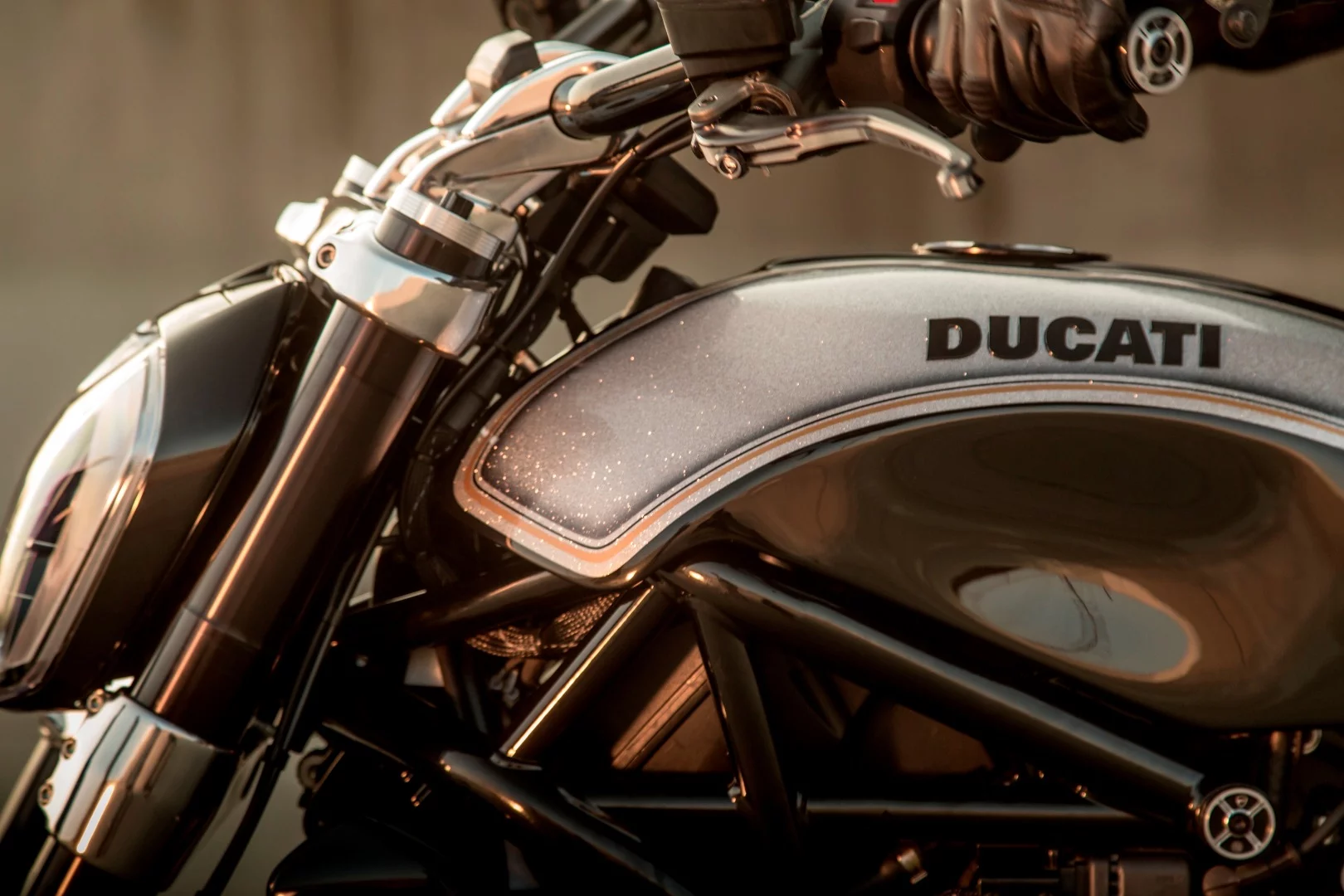 XDiavel by Roland Sands: bold pinstriping on the silver sparkle tank gives it a classic look