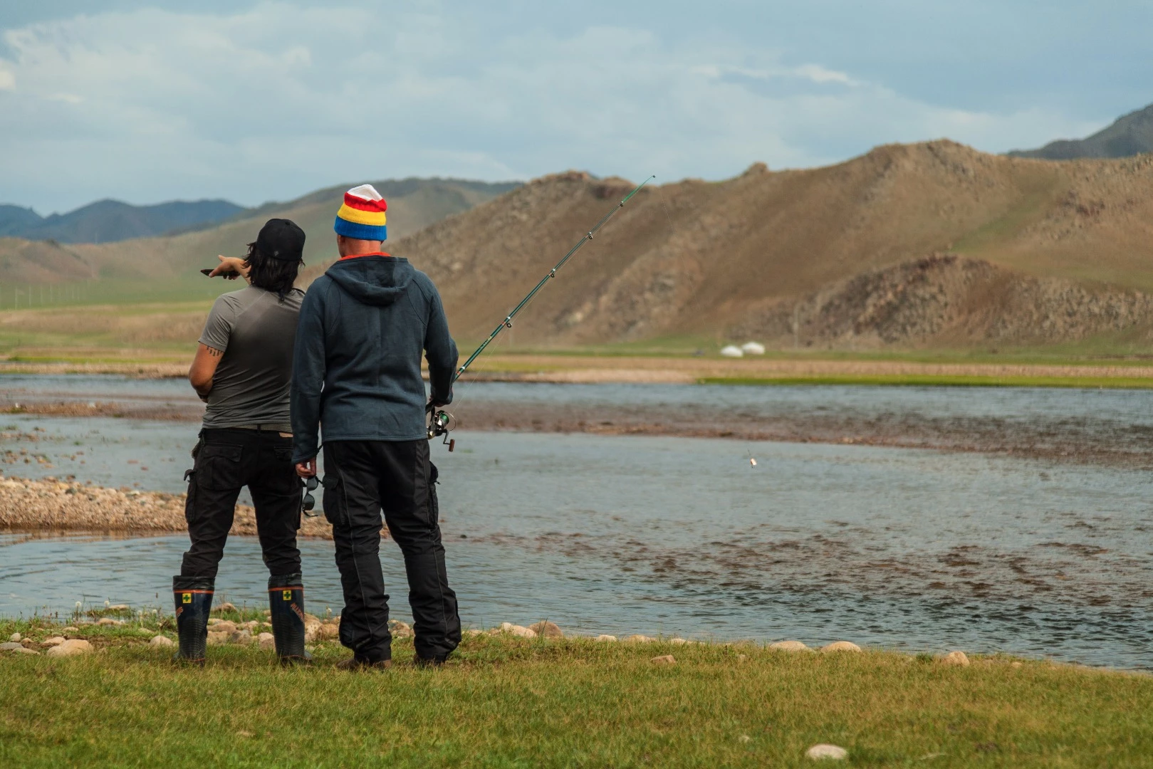 Local guide Jenya shows Rory Gibson the best fishing spots, near Uliastai