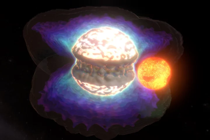 Still from a simulation showing a representation of the nova outburst that took place on the white dwarf star U Scorpii in 2010