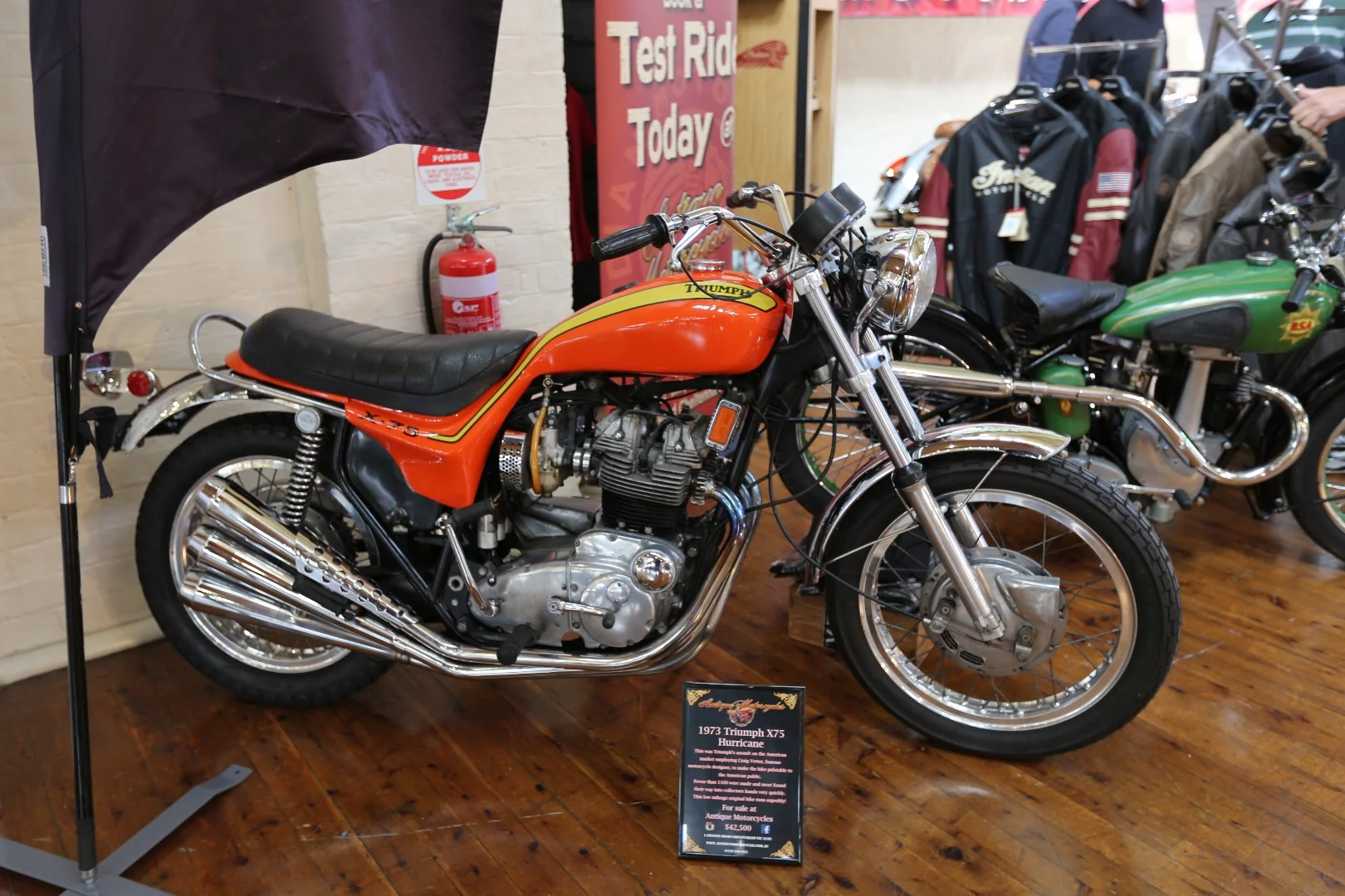 The Craig Vetter–styled X75 Hurricane changed motorcycle design and created the most sought-after Triumph road bike of all time. This 1973 model was on sale at the show with a price tag of AU$42,500 (US$32,350) from Antique Motorcycles.