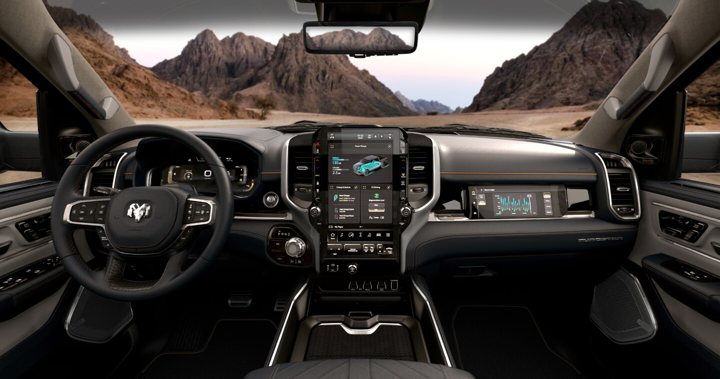 The 2025 Ram 1500 REV includes an available 14.5-inch infotainment display and passenger display.