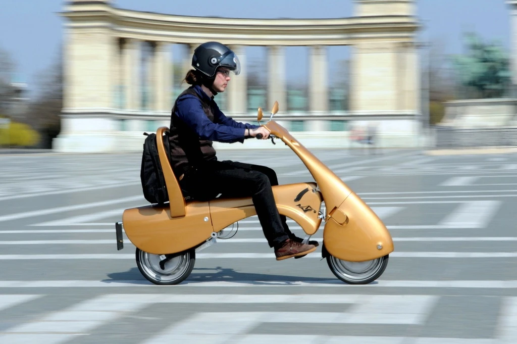 The scooter is propelled by in-wheel motors in both of its wheels