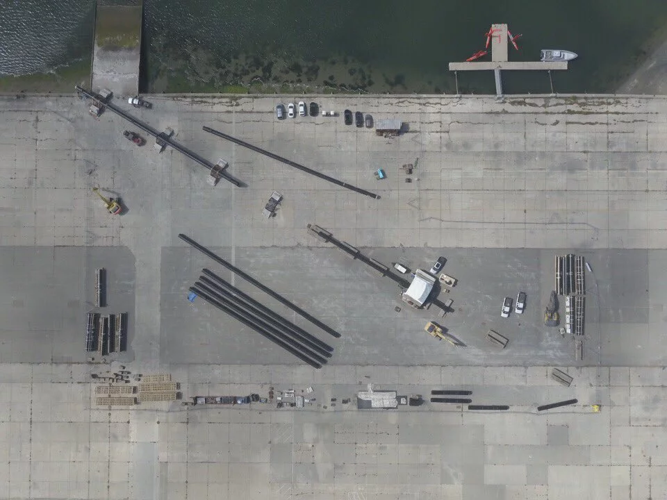 Bird's eye view of the Ocean Cleanup Project's barriers undergoing assembly