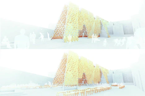 120 panels can be detached from the vertical structure to form benches and tables that can used for various scenarios (Image: CODA)