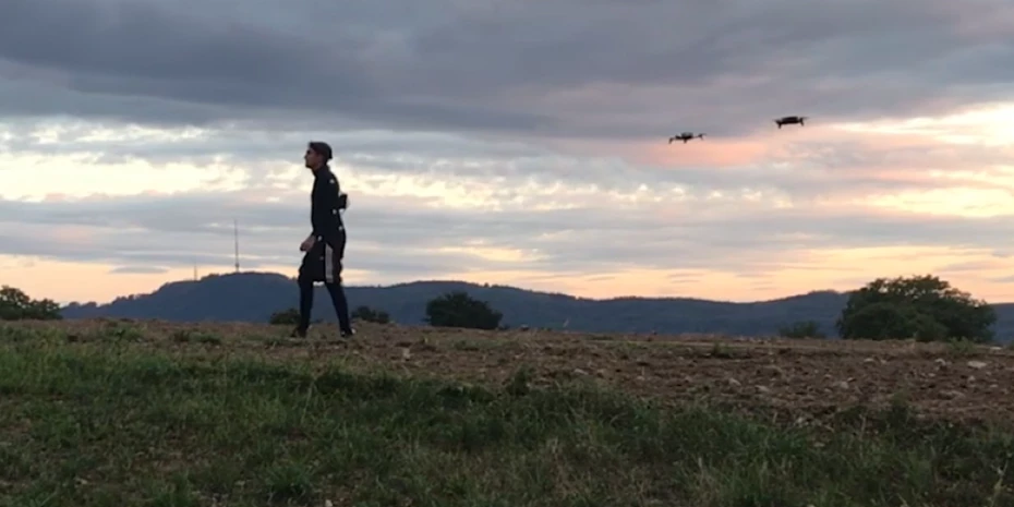 The system requires no more than two commercially-available camera-equipped drones, a laptop, and a special suit that is worn by the actor