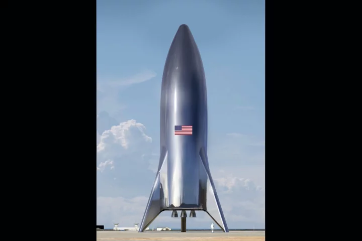The assembled SpaceX Starship test vehicle doesn't look quite as smooth and shiny as this render from Elon Musk, but its retro futuristic look is the same