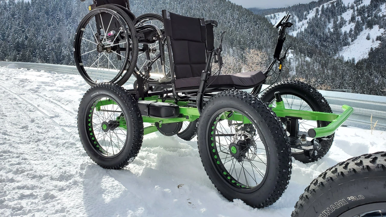 Seen here carrying a regular wheelchair, The Rig is being manufactured in partnership with Utah Trikes