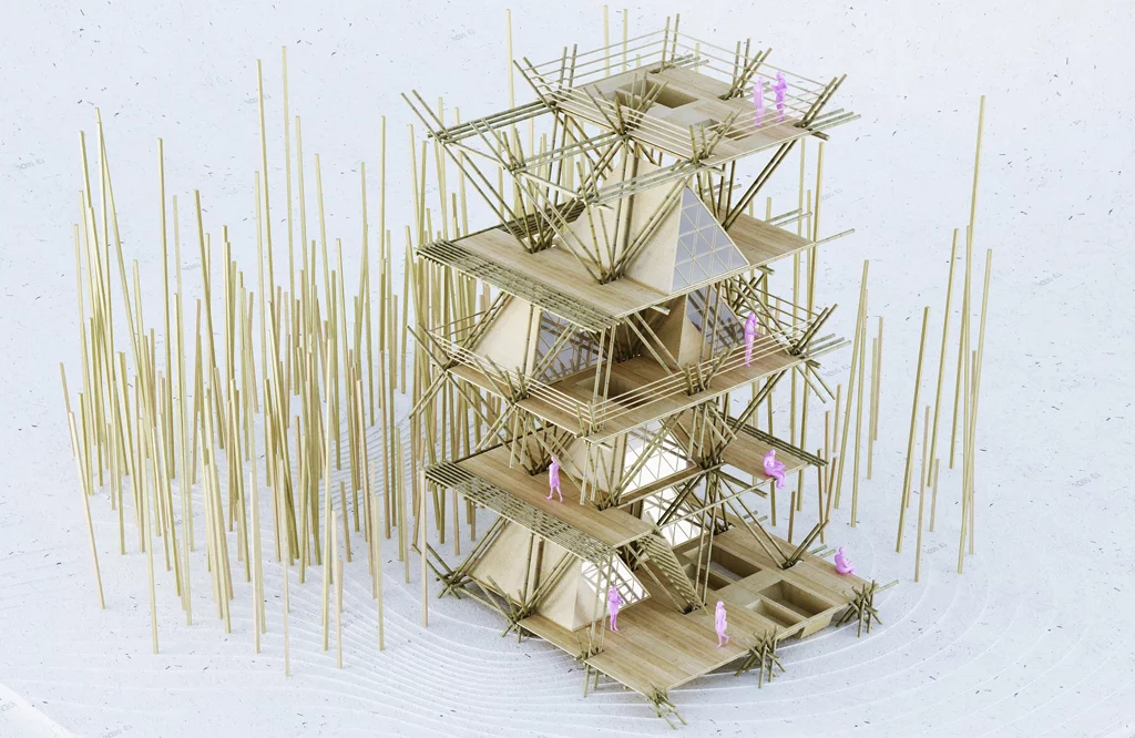 The treehouse is made from sticks of bamboo tied together with rope and no screws or nails are used anywhere in the hotel (Image: Penda)