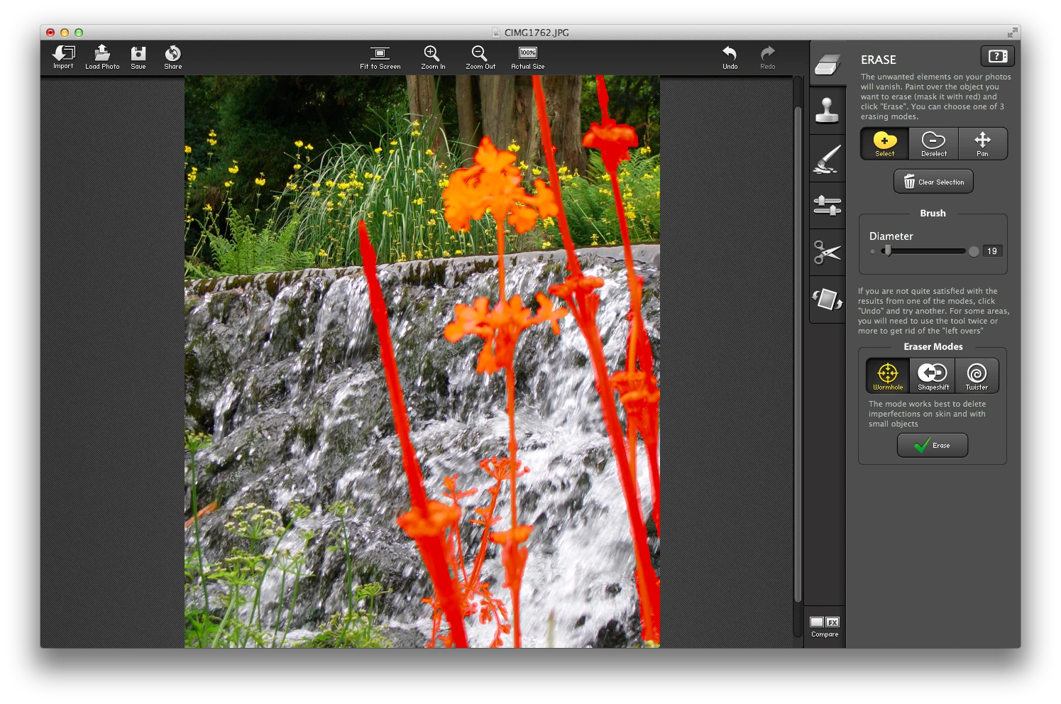 The erase mask as applied to the waterfall photo (Photo: Gizmag)