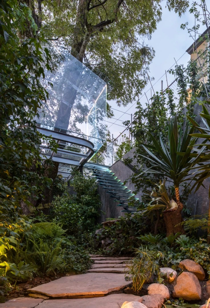 The chantli kuaulakoyokan treehouse features floating glass steps that lead down to the ground