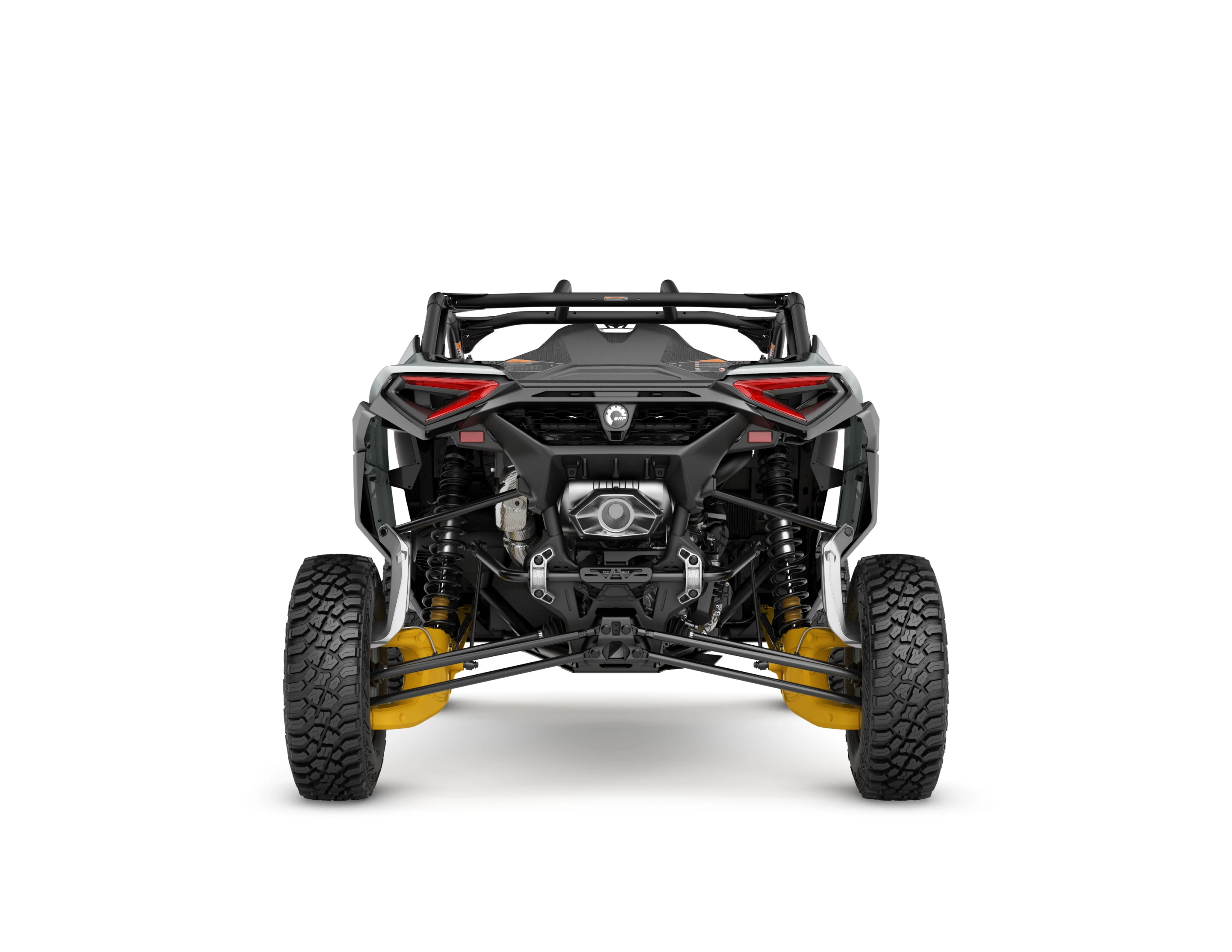 The V-shaped design of the chassis and integrated roll cage is most easily seen from the rear