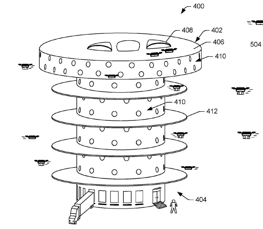 This diagram shows a version of the building designed to prioritize the top level takeoff and landing hatches, so as to reduce noise at ground level