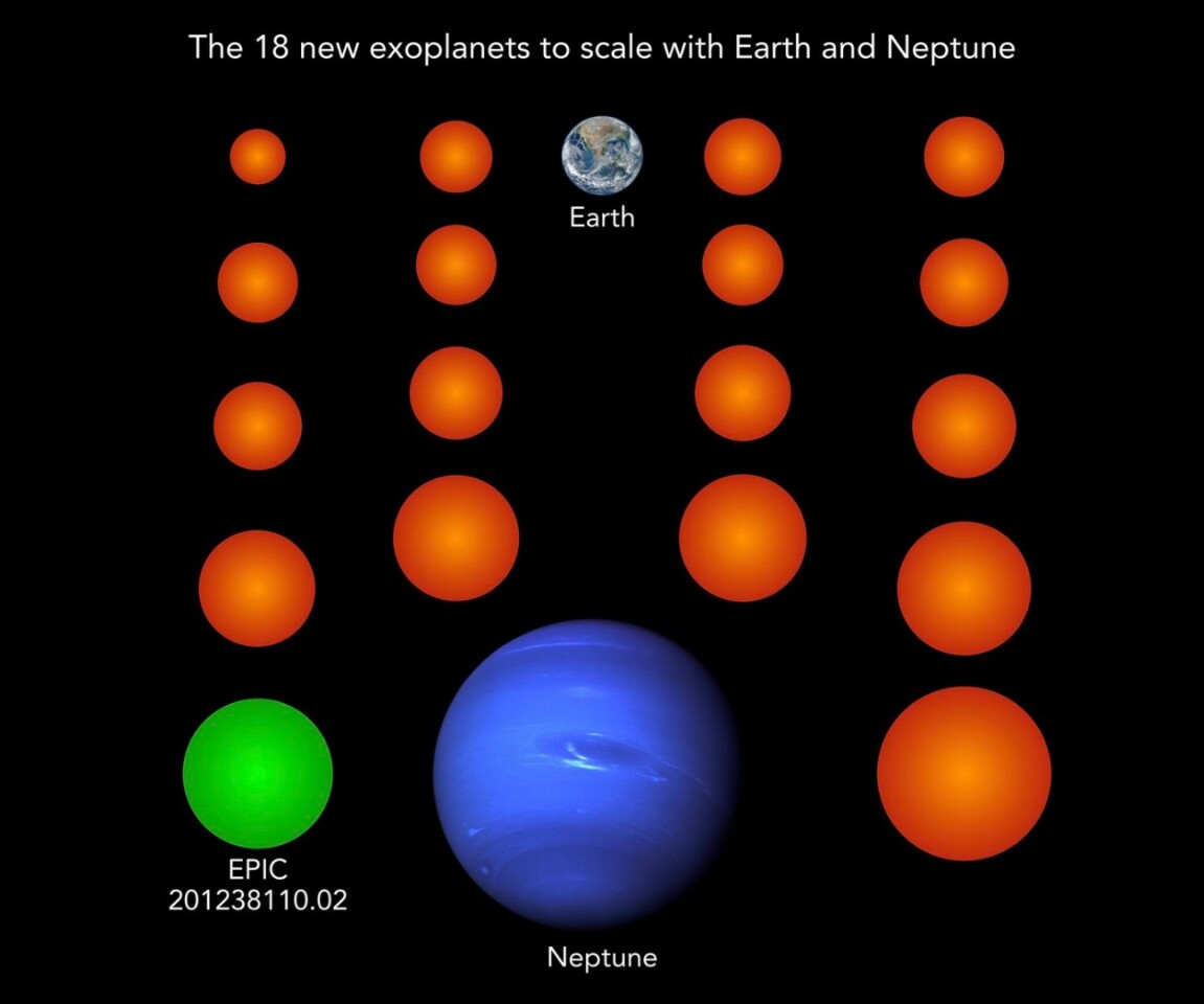 The 18 new exoplanets, to scale, as compared to Earth and Neptune. The green one, named EPIC 201238110.02, also appears to be cool enough to host liquid water on its surface