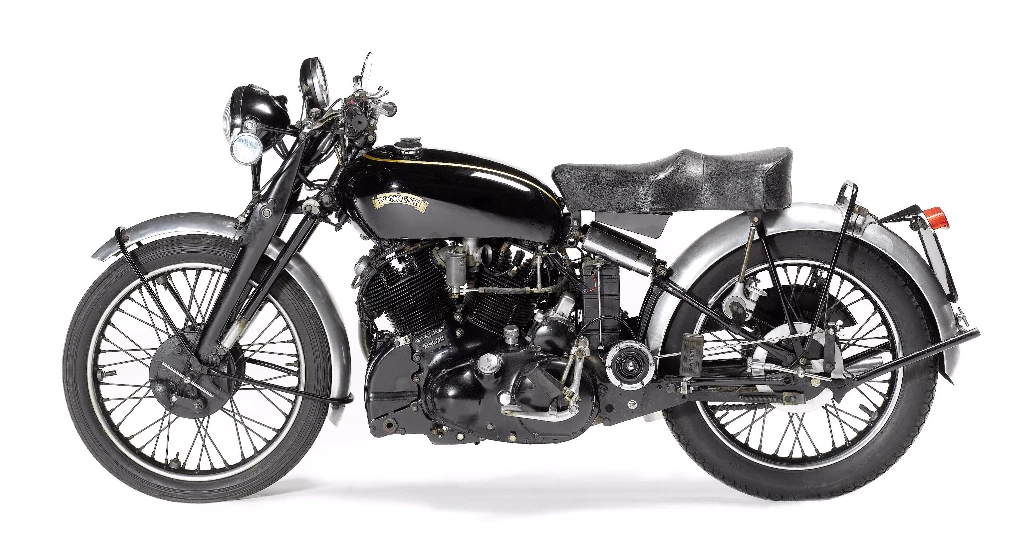 A matching-numbers example, this 1952 Series-C Vincent Black Shadow was despatched new to Paris, France in February 1952. Noted collector Brian Verrall bought the Shadow as the fifth owner in March 2002 and the bike was sold with his collection by Bonhams in 2008 for GBP£51,000 ($91,844).