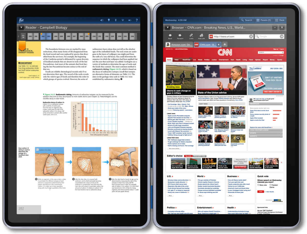 The Kno's screens can display textbook and internet content at the same time